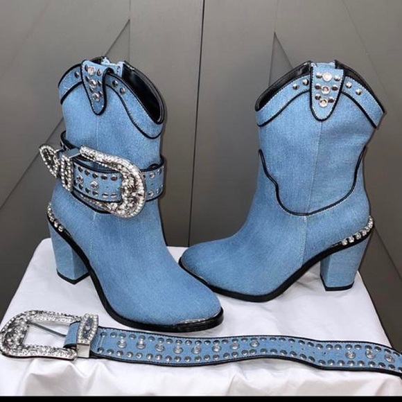 Denim blue club exx dolls kill cowboy boots NWT - Picture 3 of 4